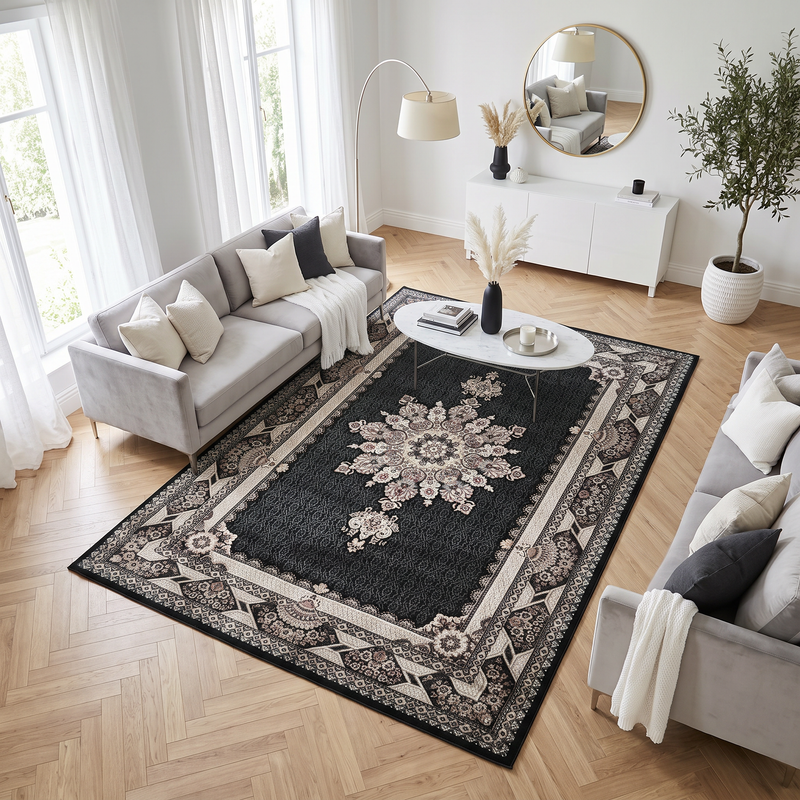 Hereke Black Medallion Rug