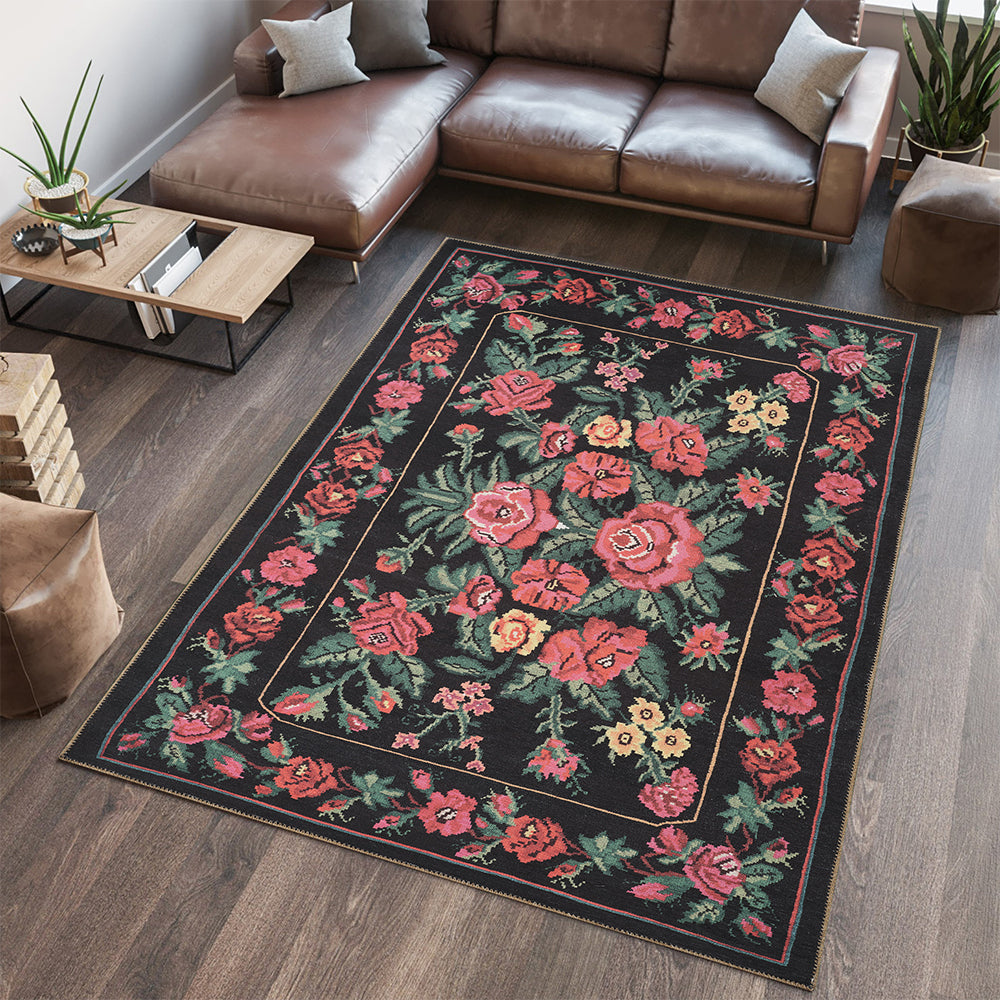 Portobello Thyme Traditional Black & White Rug — Kristal Carpets
