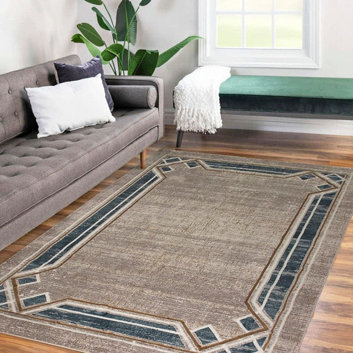 Blue Frame Rug Star Modern Beige Blue Frame Rug - Kristal Carpets