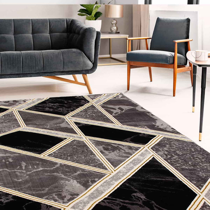 First Class Polyester Black Grey Asymmetric Rug - Kristal Carpets