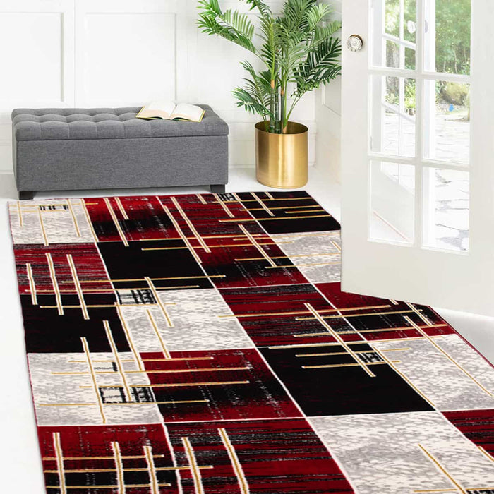 First Class Polyester Red Black Square Rug - Kristal Carpets