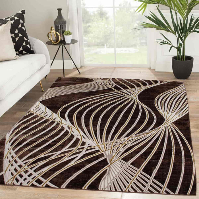 First Class Polyester Brown Gold Spiral Rug - Kristal Carpets