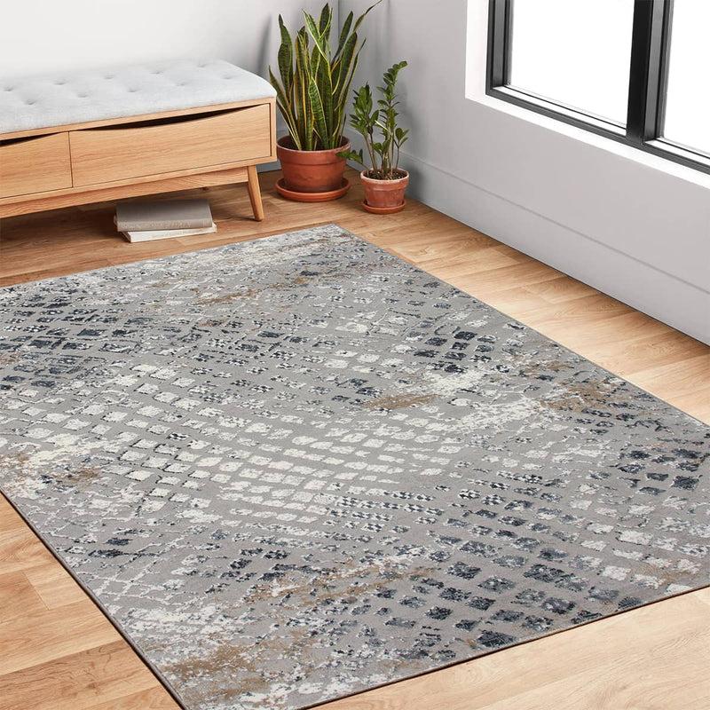 Merry Blue Square Grey Rug - Kristal Carpets